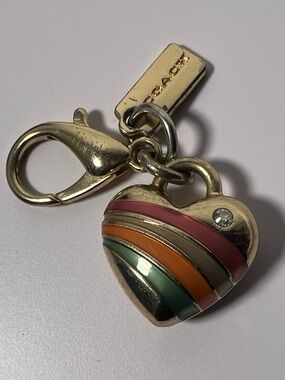 Coach Enamel Stripe Heart Rainbow Keychain Charm Gold Tone